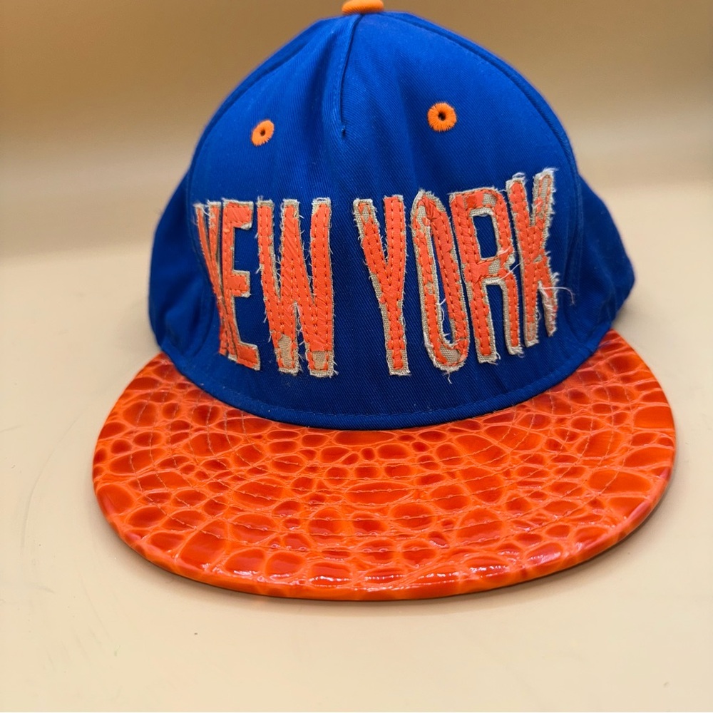 NWT New‎ York Distressed Blue and Orange Baseball Cap, Distressed Letters